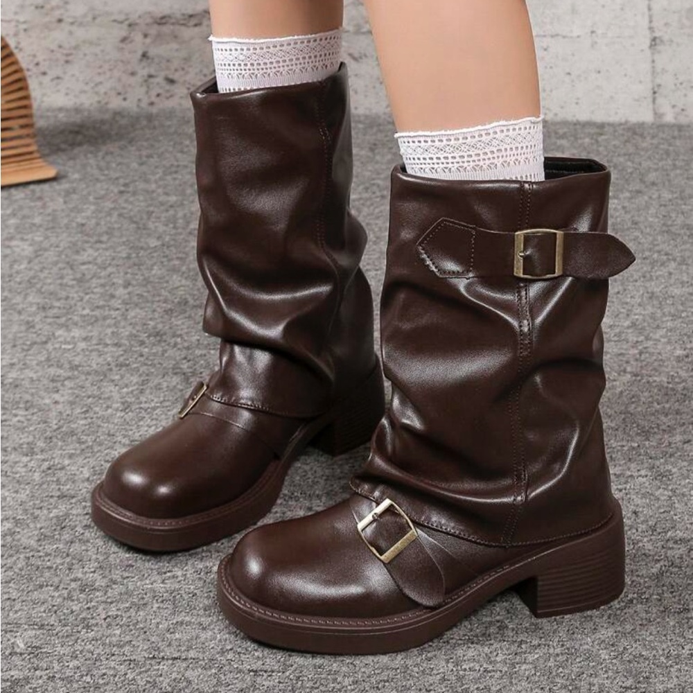 Brown Leather Buckle Boots